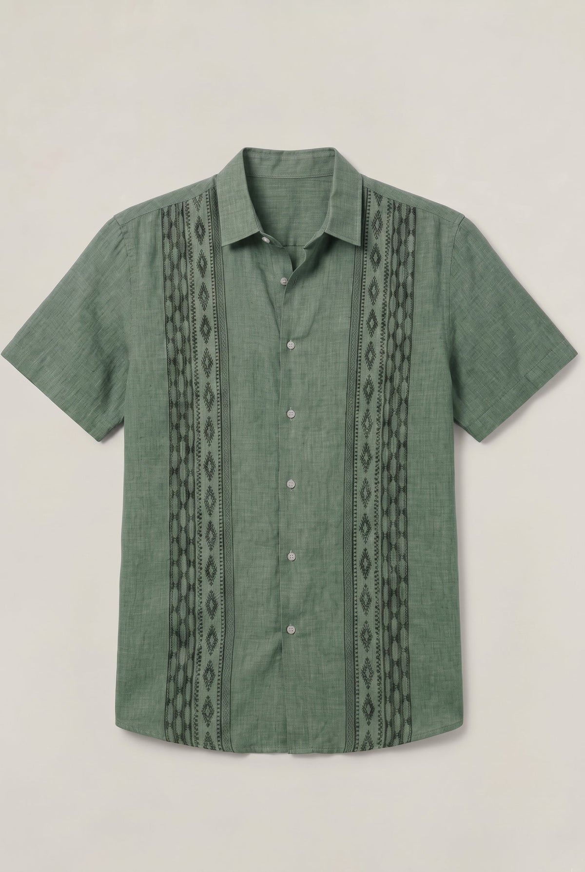 Men's Green Embroidered Shirt - Short Sleeve Aztec Print Button Up Summer Shirt