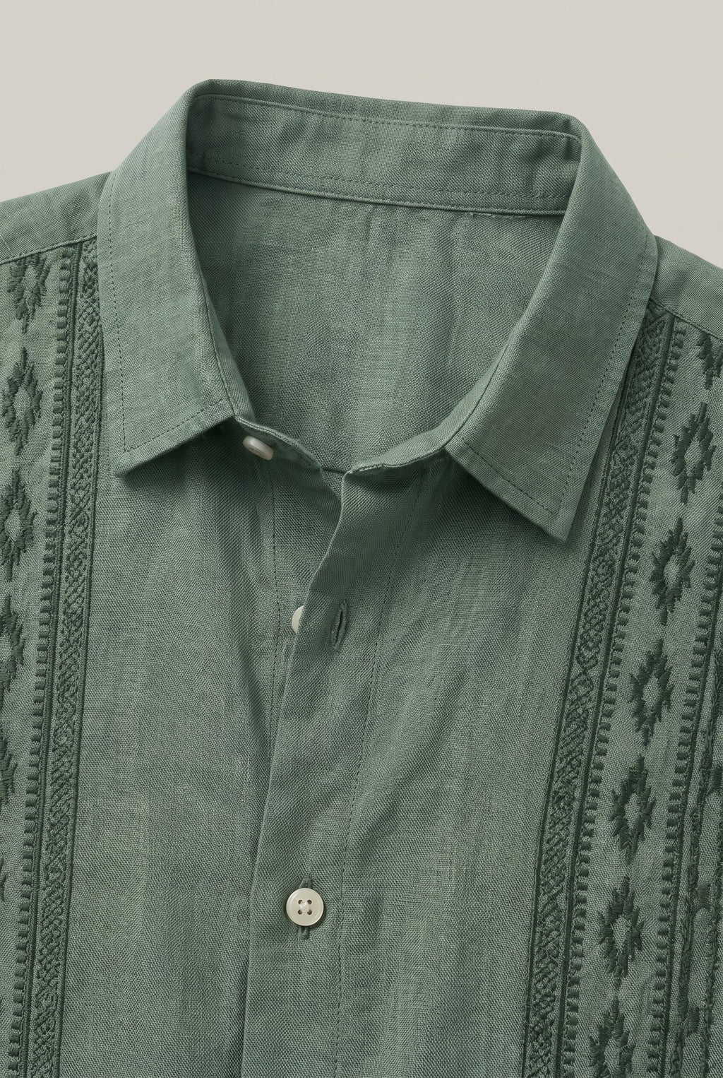 Men's Green Embroidered Shirt - Short Sleeve Aztec Print Button Up Summer Shirt