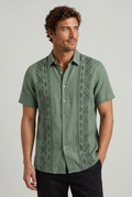 Men's Green Embroidered Shirt - Short Sleeve Aztec Print Button Up Summer Shirt